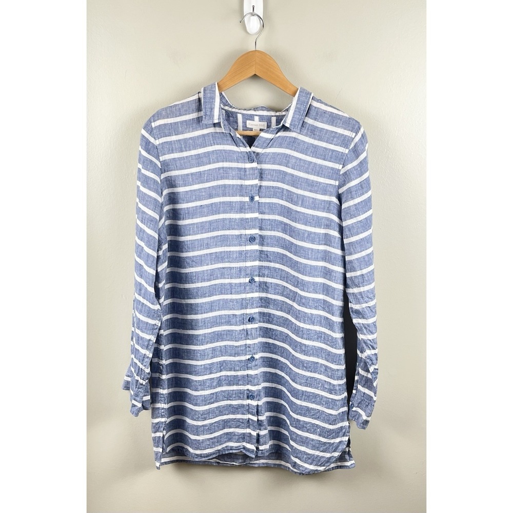 Garnet Hill 100% Linen Blue White Striped Nautical Classic Button Up Tunic Top S